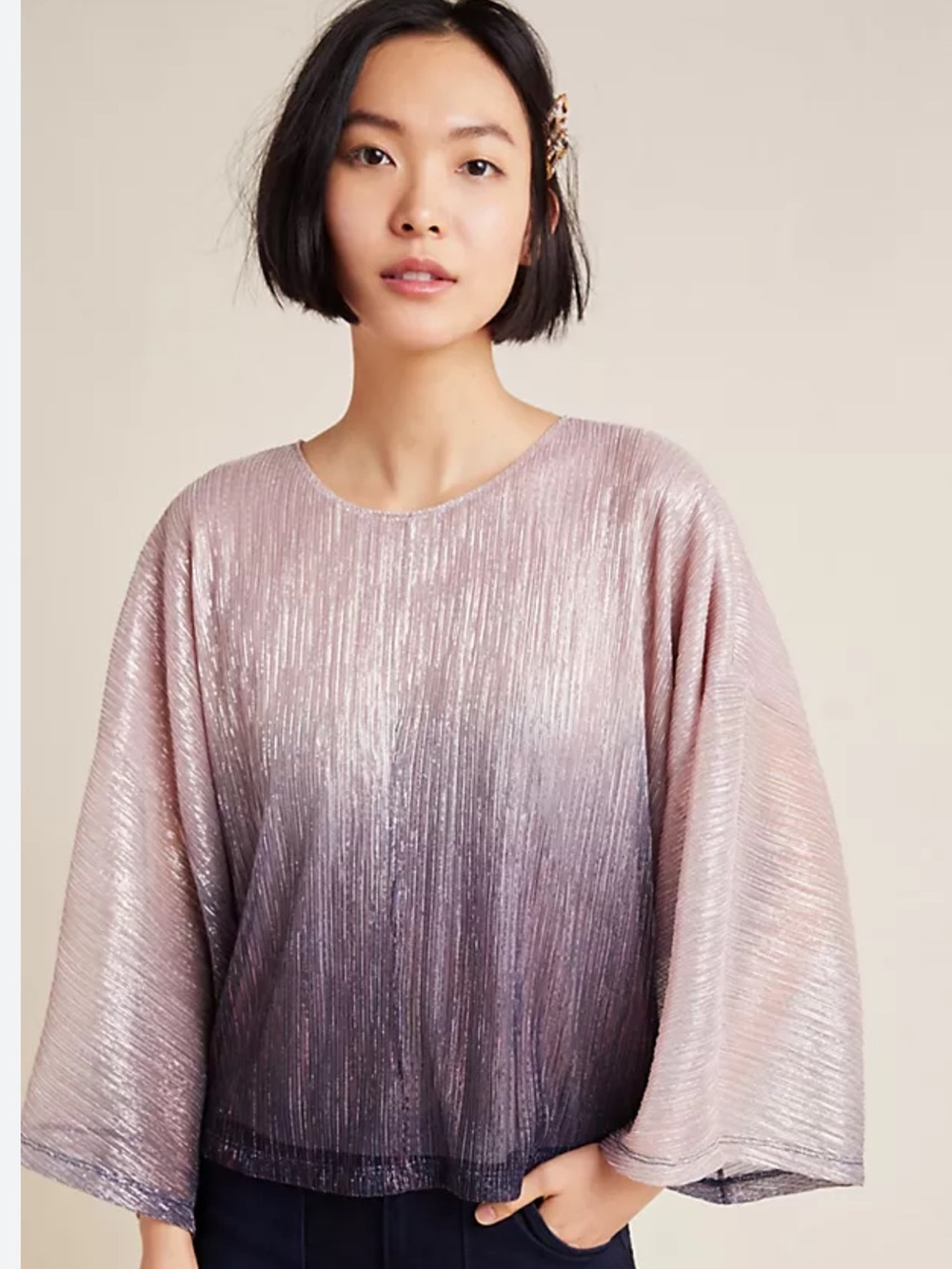 Anthropologie Serena Pink-to-Purple Ombre Metallic Pleated Dolman Blouse sz S